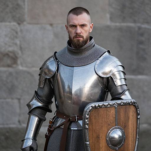 Photograph of a serious, bearded man in medieval silver armor and chainmail, holding a wooden shield with a metal boss, standing against a stone