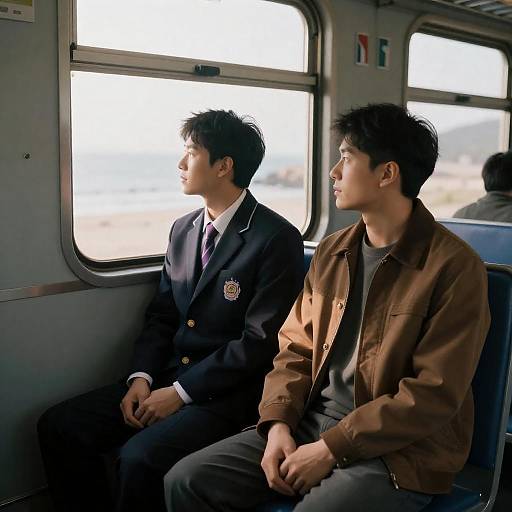 Two Asian Men Sitting on Train with Coastal View