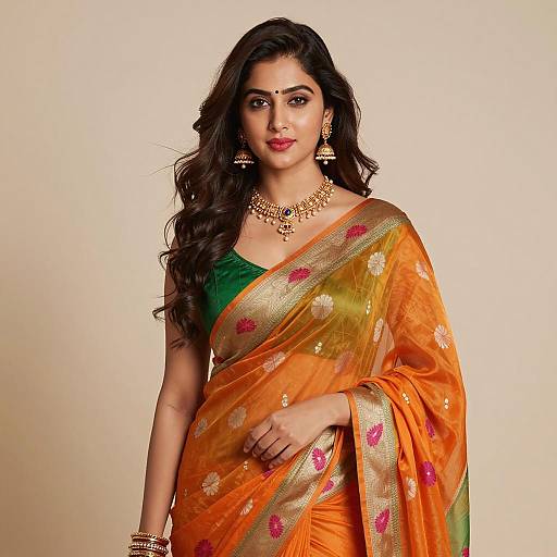 Indian Woman in Orange Saree with Gold Jewelry