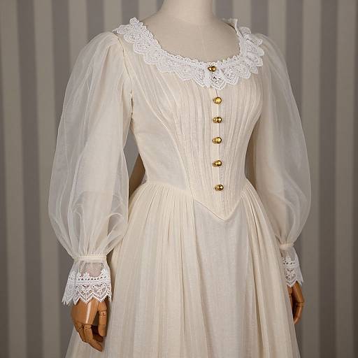 Photograph of a vintage, cream-colored Victorian dress with puffed sleeves, white lace collar and cuffs, and three gold buttons. Background features vertical gray