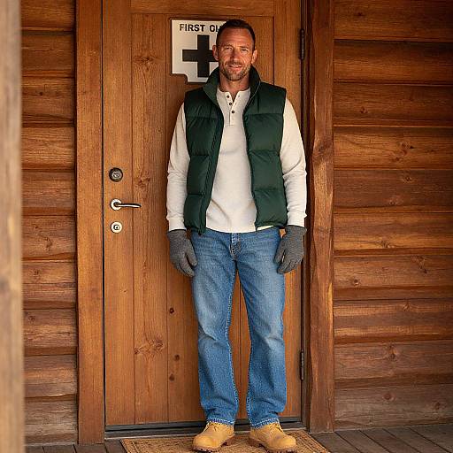 Photograph of a smiling man with short beard, wearing a white shirt, black vest, blue jeans, gray gloves, and tan boots, standing in
