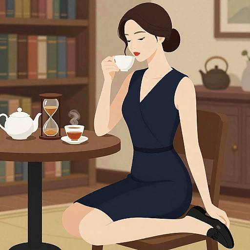 Elegant Woman Drinking Tea in Cozy Library