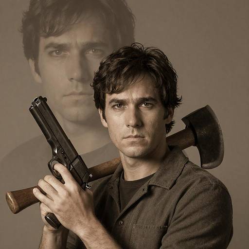 Serious Man Holding Gun and Axe