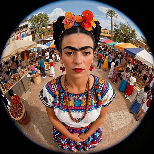 Photograph of a Mexican woman with dark hair in twin buns, wearing a colorful embroidered dress, red flowers, and necklace, standing in a vibrant