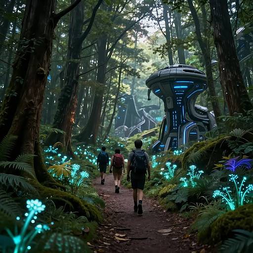 Enchanted Forest Trek with Futuristic Ruins