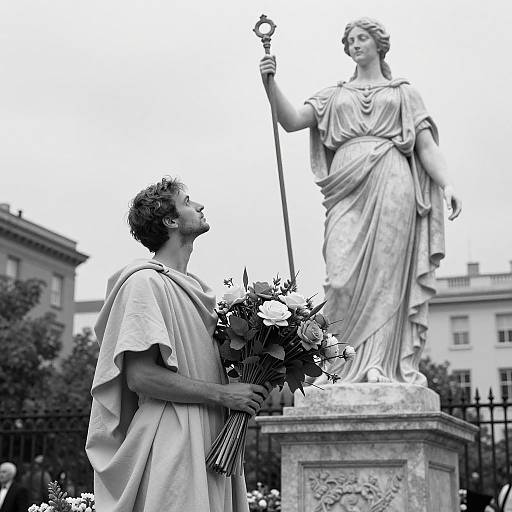 Man in Robe Holding Bouquet Looking at Statue