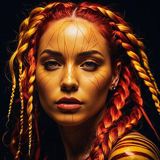 Glamorous Woman with Amber Cracked Skin and Coral Plaited Hair