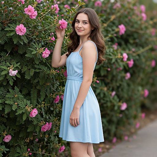 Smiling Woman in Blue Dress Outdoors
