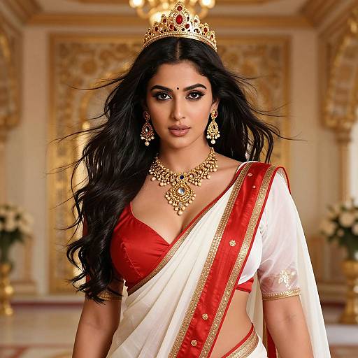 Photorealistic image of a beautiful Indian woman with long black hair, wearing a red and white sari, gold crown, necklace, and earrings,