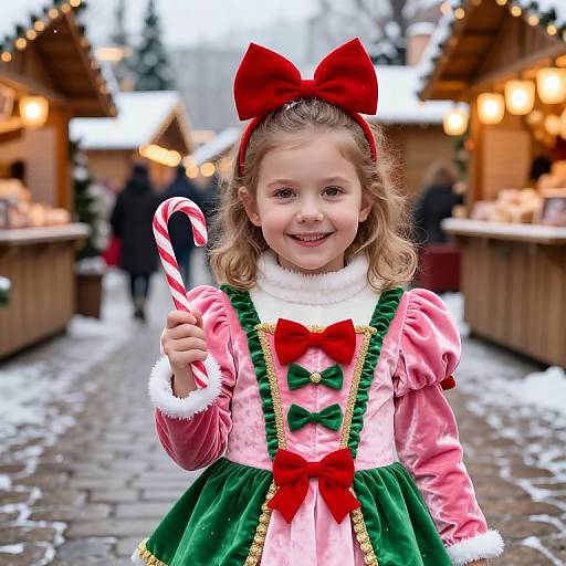 Photograph of a smiling young girl with blonde hair, wearing a red bow, pink and green Christmas dress, holding a candy cane, in a snowy