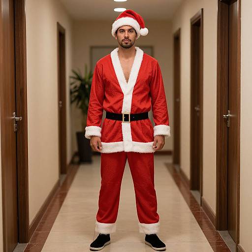 Photograph of a bearded man in a red Santa suit with white fur trim, black belt, and black boots, standing in a brightly lit,