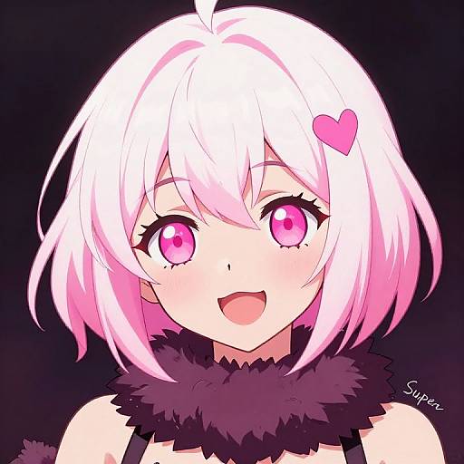 Digital anime-style portrait of a cute girl with white-pink hair, pink heart-shaped hairpin, large pink eyes, black furry collar, smiling.