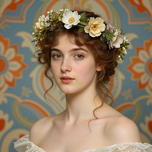 Photograph of a fair-skinned, young woman with curly brown hair, wearing a floral crown and white lace off-shoulder top, against a