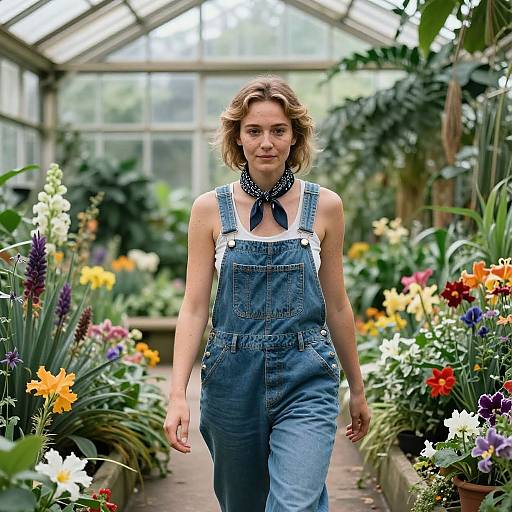 Woman in Glass Greenhouse Walking
