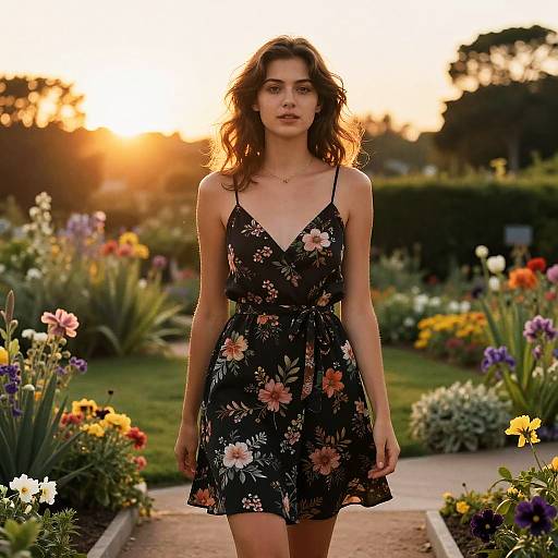 Young woman in floral sundress in garden at sunset