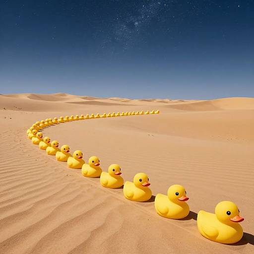 Photograph of a long, curved line of bright yellow rubber ducks in a vast, starry desert with orange sand dunes.