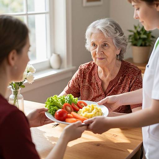 Photograph of an elderly woman with gray hair, wearing a red patterned blouse, receiving a plate of colorful vegetables from a younger woman in a white