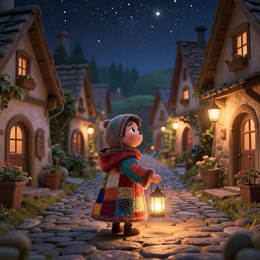 Digital artwork of a child in colorful patchwork coat and hat, holding lantern on cobblestone village path at night, starry sky.