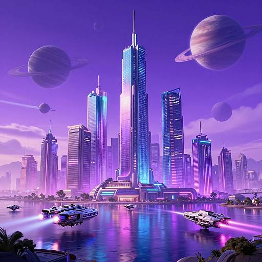 Digital artwork of a futuristic cityscape with neon-lit skyscrapers, floating planets, and boats on a reflective purple-hued river.