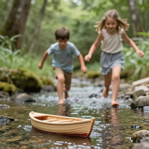 Photograph of two children, a boy and a girl, running barefoot through a forest stream, chasing a small wooden boat.
