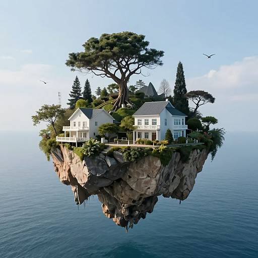 Photorealistic CGI of a serene, floating island with two white, charming houses surrounded by lush greenery, towering trees, and a clear blue ocean