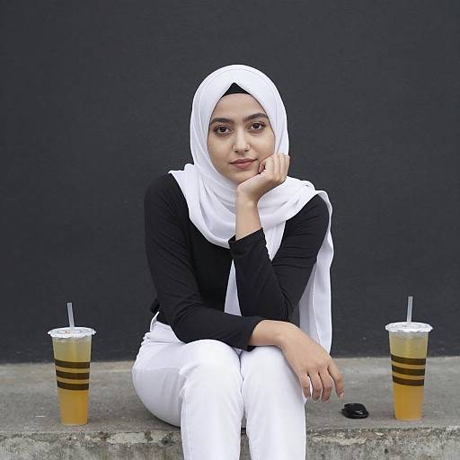 Young Woman in White Hijab Sitting