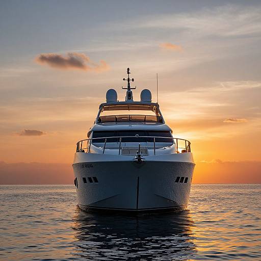 Photograph of a sleek white yacht centered in calm water at sunset, with a vibrant orange and pink sky and gentle waves reflecting the sunlight.