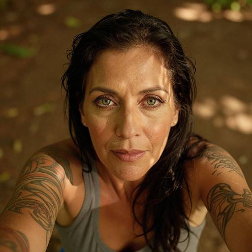 Photograph of a tattooed, middle-aged woman with green eyes, dark wet hair, and grey tank top, looking up at the camera in a