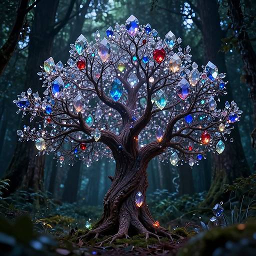 Enchanted forest tree with glowing blue, red, and white crystals on its branches, illuminated by soft, magical light. Digital art.