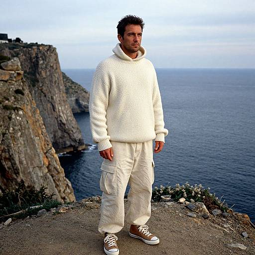 Photograph of a bearded man in a white knit sweater, cream pants, and brown sneakers standing on a rocky cliff overlooking a deep blue ocean.