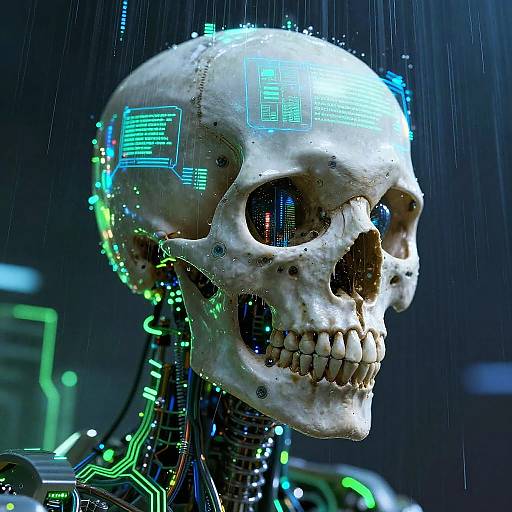 CGI image of a cybernetic skull with glowing blue and green circuitry, rain falling, dark background, and metallic neck structure.