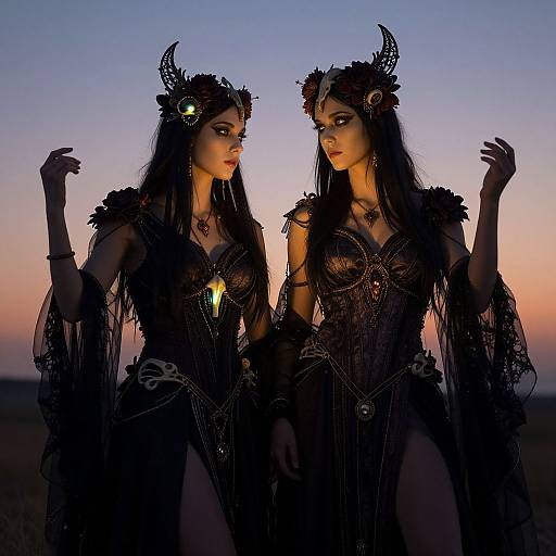 Photograph of two dark-haired women in black, ornate, fantasy-style dresses with horned headpieces, standing against a twilight sky.