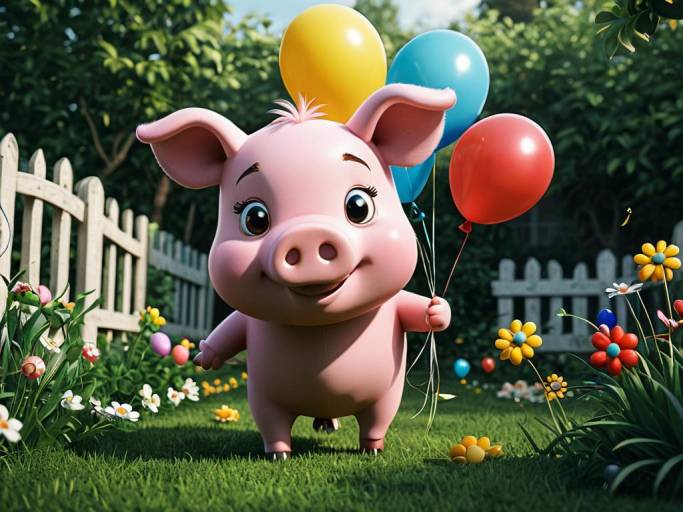Adorable Cartoon Pig in Garden
