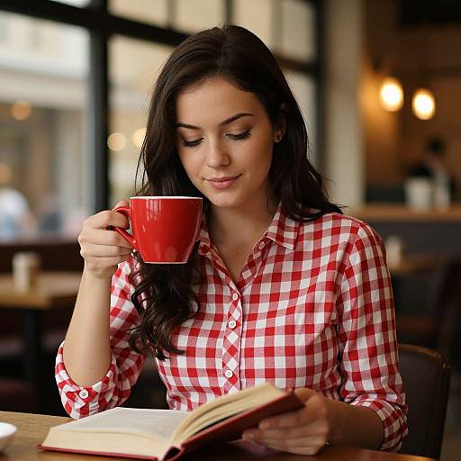 Photograph of a young woman with long dark hair, wearing a red and white checkered shirt, sipping from a red mug while reading a book