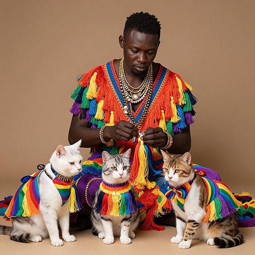 Photograph of an African woman with dark skin, wearing a vibrant, rainbow-colored, fringed dress, sitting with three cats in matching rainbow attire,