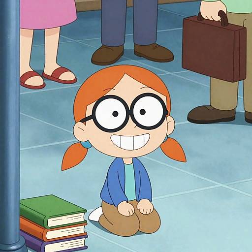 Cheerful Cartoon Girl on Tiled Floor