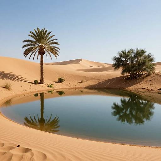 Photograph of a serene desert oasis with a clear blue sky, golden sand dunes, a reflective circular water pool, and two palm trees casting mirrored