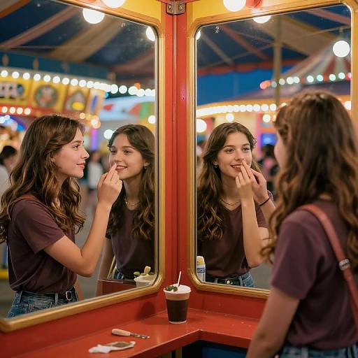 Photograph of a young woman with long brown hair, wearing a purple shirt, applying lip gloss in front of a mirror at a brightly lit carnival booth