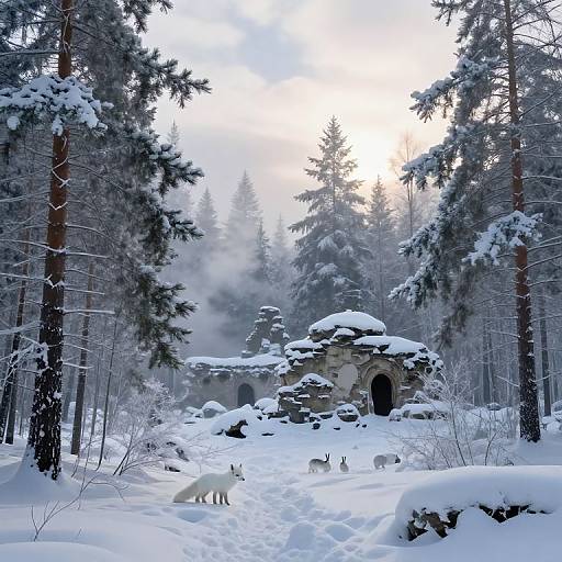 Mystical Snowy Forest with Ancient Ruins