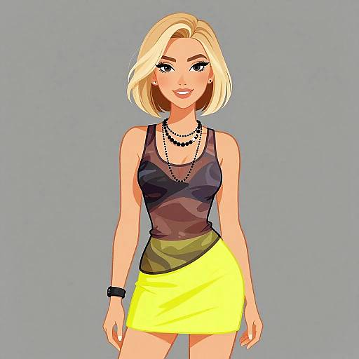 Digital illustration of a blonde woman with a bob haircut, wearing a black tank top, yellow skirt, layered necklaces, black bracelet, and smiling against
