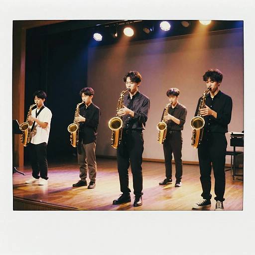 Photograph of five male musicians on stage, all playing saxophones, wearing black and white outfits, under stage lights, wooden floor, minimalist background