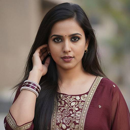 Photograph of an Indian woman with long black hair, dark eyes, and wearing a maroon saree with gold embroidery, touching her hair with her