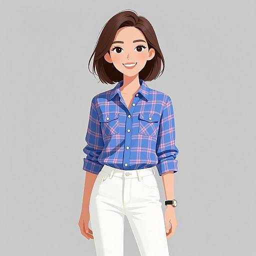 Smiling Woman in Casual Plaid Shirt