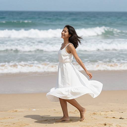 Photograph of a smiling Asian woman with dark hair, wearing a flowing white dress, barefoot on a sandy beach with waves in the background.