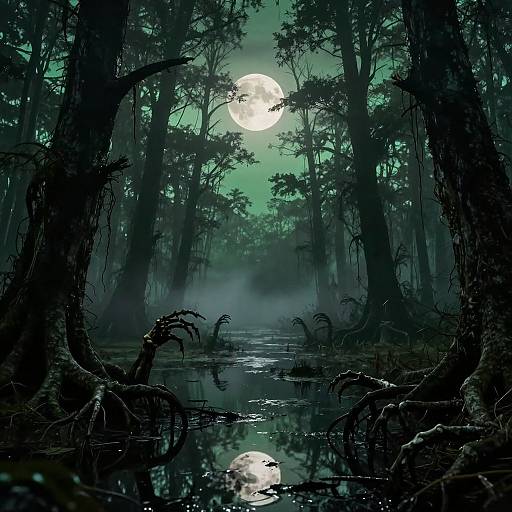 Digital art of a dark, eerie forest at night with a full moon, silhouetted trees, a reflective pond, and gnarled roots