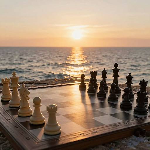 Photograph of a chessboard with white and black pieces silhouetted against a sunset over the ocean, with the sun's golden reflection on the