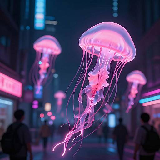 Neon-lit city street at night with glowing pink jellyfish floating above blurred silhouettes of pedestrians and vibrant, colorful neon signs. Photoreal