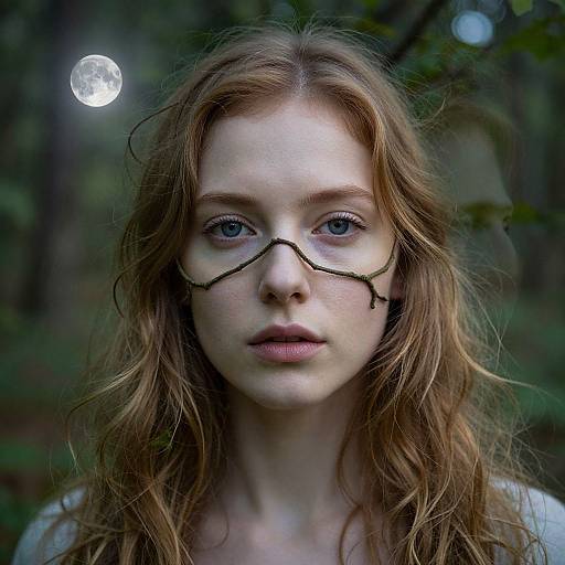 Photorealistic digital portrait of a pale, red-haired woman with blue eyes, branches across her nose, standing in a dark, moonlit forest.