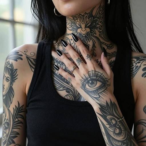 Tattooed woman in black tank top, hand with black nails on chest, large eye and sun tattoos, light background, photograph.