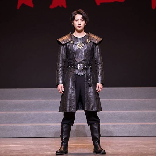 Photograph of an Asian male model on a runway, wearing a black leather long coat with gold shoulder epaulettes, black pants, and boots